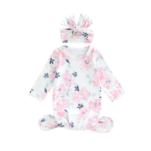 aturustex Infant Baby Girls Knotted Gown Cow Pattern/Floral Print Crew Neck Long Sleeve Sleeping Bag Bow Headband