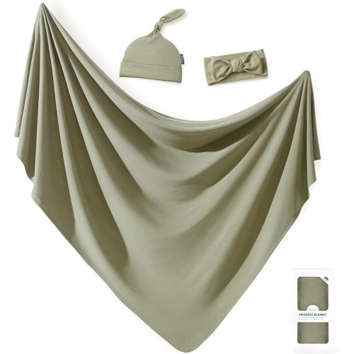 GRSSDER Newborn Swaddle Blanket, Ultra Soft Jersey Receiving Blanket with Matching Headband and Beanie Set, 47×47" Extra Large Nursery Swaddle Wrap for Girls and Boys