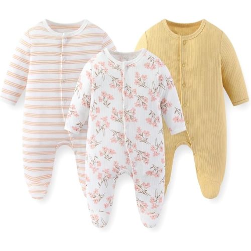 Unisex Baby Boy Girl Footies Rompers Cotton Long Sleeve 3 Pack Infant Jumpsuits 0-12Months Babies' Outfits