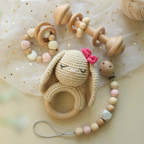 Baby Rabbit Teether & Rattle Toy - Silicone & Beech Wood