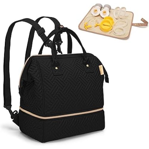 Fasrom Small Breast Pump Bag Backpack with Cooler Compatible with Elvie and Medela Pumps, Wearable Pumping Tote Bag with Waterproof Mat for Working Moms (Patent Design), Black