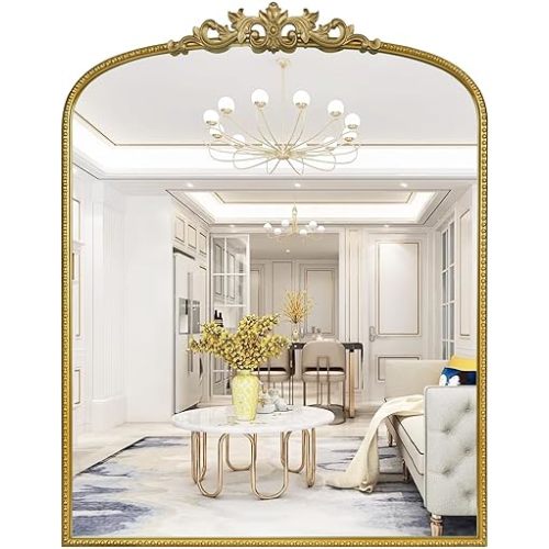 WallBeyond Gold Vintage Mirror for Vanity 28x36 Inch, Gold Antique Mirror with Ornate Frame, Arched Vintage Wall for Bathroom, Living Room, Fireplace, Entryway