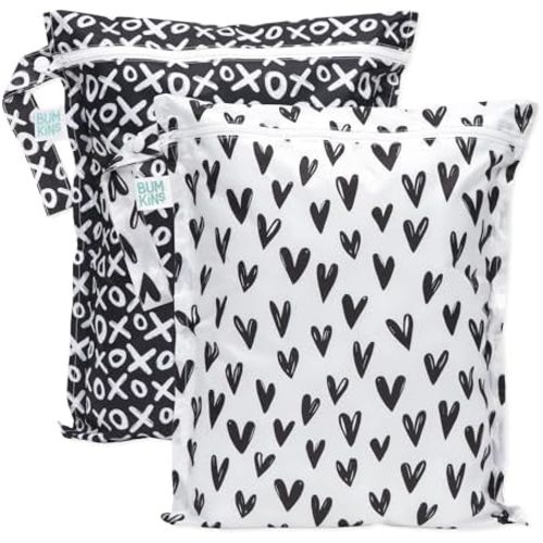 Bumkins Waterproof Wet Bag for Baby, Travel, Swim Suit, Cloth Diapers, Pump Parts, Pool, Gym, Toiletry, Strap to Stroller, Daycare, Zip Reusable Bag, Wetdry Packing Pouch, 2-pk Hearts and XOXO