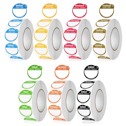 7000 Pcs 1 Inch Risepekt Removable Day of The Week Labels (Monday-Sunday) 【English Spanish French】, Easy to Peel Day Labels for Restaurant Kitchen Containers, Self Adhesive Day Dot Stickers (7 Rolls)