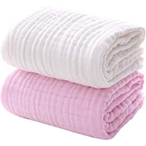 MUKIN Baby Bath Towels, Super Soft Cotton Receiving Blanket for Baby's Delicate Skin,2Pack Swaddle Blanket for Newborns Toddlers Boy Girl,Baby Registry as Shower (White+Pink)