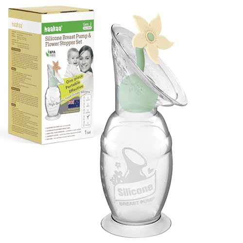 haakaa Manual Breast Pump with Flower Stopper Set, Gen.2 Silicone Hand Pump with Suction Base, BPA Free (4oz/100ml, Oat)