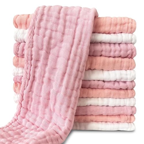 Muslin Burp Cloths for Baby 100% Cotton Burping Cloths for Unisex, Boy, Girl - Large 20'' by 10'' Newborn Essentials Ultra Soft Absorbent Milk Spit Up Rags - 12 Pack - White+Light Sakura Series