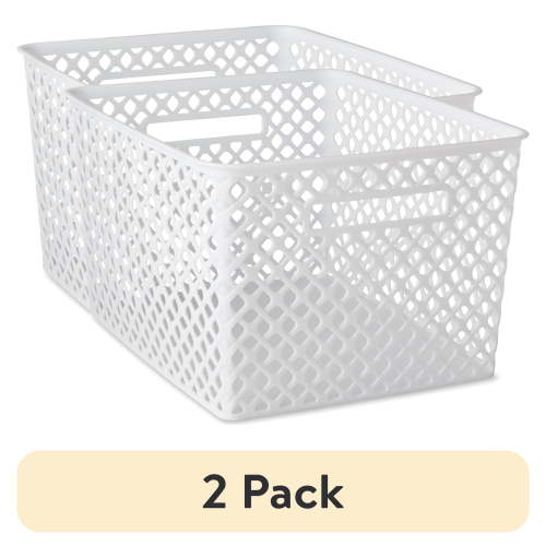 (2 pack) Mainstays Large White Decorative Plastic Storage Basket, 14.7 in x 12 in x 8.5 in