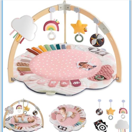 Blissful Diary Baby Play Gym & Activity Mat, 5 Developmental Zones Wooden Tummy Time Mat with 5 Detachable Sensory Toys for Motor Skills & Sensory Development, Baby Essentials Shower Gift, Pink Flower