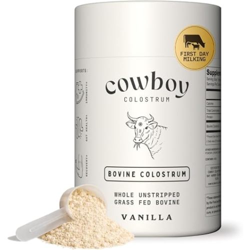 Cowboy - The Exclusive 1st Milking, Whole, Grass Fed Colostrum Supplement for Full Body Health - Bovine Colostrum Powder Packed w/Bioactive Nutrients - Sugar Free (Vanilla, 40 Servings)