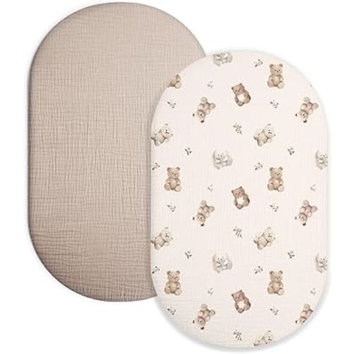 Bassinet Sheet for Baby Boy and Girl 2 Pack, Fitted Sheets for Rectangle, Oval, Hourglass Bassinet Mattress, Muslin Moses Basket Sheets with Neutral Style (Teddy & Friends)