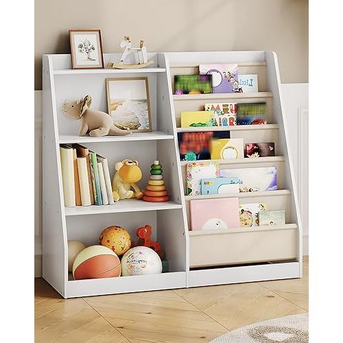 35.4" Kids Bookshelf and Toy Storage, 6 Layer Fabric Toddler Bookshelf, Kids Toy Storage Organizer, Sling Kid Bookcase, for Playroom, Bedroom, Nursery, Classroom, White MCW05WT