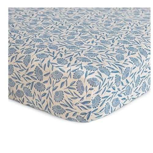 mushie Extra Soft Muslin Fitted Crib Sheet | 192 Thread Count | 28"x 52" (Blue Flowers)