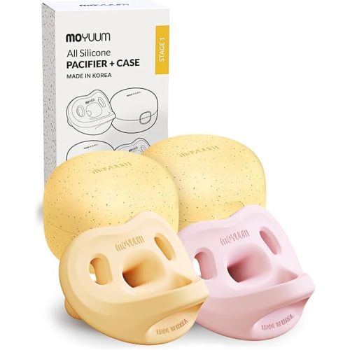 Moyuum Silicone Macaron Pacifier | Made in Korea, BPA Free One-Piece Design Baby Soother, Soft Orthodontic Shape with Air Holes, 2 Pack with Travel Case, Newborn 0-3 Months (Mango+Pink, Stage 1)
