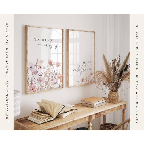 Set of 2 Wildflower Prints, In a Field of Roses She is a Wildflower, Vintage Flower Nursery, Inspiring Phrases, Botanical Wall Art
