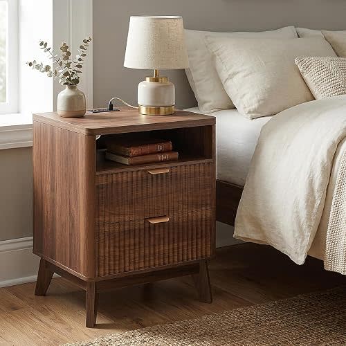 LYNCOHOME Fluted Nightstand with Charging Station, 19.7 inch Wide End Table with 2 Drawers, Modern Wood Bedside Table for Bedroom,Brown,1 Pcs