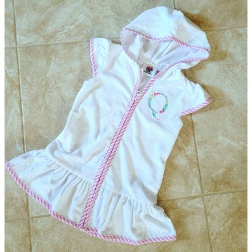 Monogrammed Girls Cover Up: Terry Cloth Coverup Hooded Seersucker Trim Zip Beach Cover up