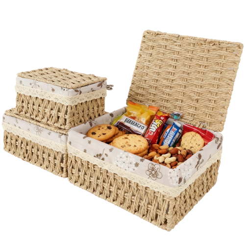 MEHOOM Decorative Storage Baskets, Natural Paper Rope Wicker Baskets with Lid & Liner, Baskets and Bins for Bedroom, Living Room, Kitchen, Table, Home Decor (3 Pack)