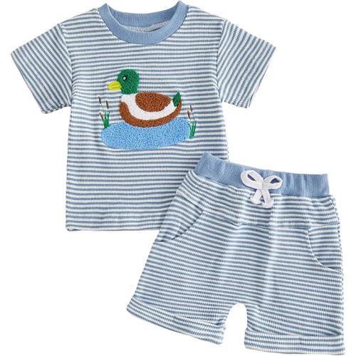 fhutpw Baby Toddler Boy Girl Summer Clothes Embroidery Stripe Short Sleeve T-shirt Tops + Shorts Sets Infant 2 Piece Outfits