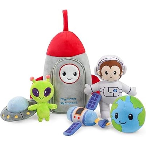 Stuffed Plush Astronaut Kit for Baby Toddler, 6-Pcs My Little Astronaut Playset, Sensory Pretend Play Toy with Rocket Bag/Monkey AST ronaut/Alien, Boy Girl Infant Newborn Gifts
