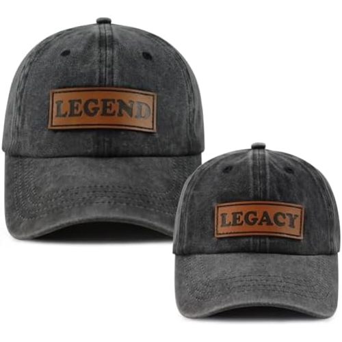 2PCS Legend and Legacy Baseball Cap for Dad Son, Adjustable Cotton Leather Patch Parent-Child Hat…