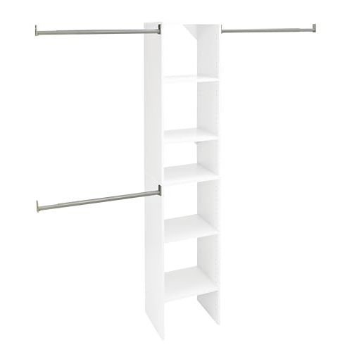 ClosetMaid SuiteSymphony Wood Closet Organizer Starter Kit with Tower and 3 Hang Rods, Shelves, Adjustable, Fits Spaces 4 – 9 ft. Wide, Engineered Wood, Pure White, 16"
