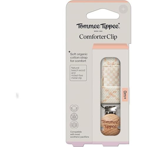 Tommee Tippee Comforter Clip, 0+ Months, 1 Pack, Organic Cotton, Compatible with Any Soother, Loop-on Design, Natural Beech Wood and Stainless Steel Soother Clip, Cream