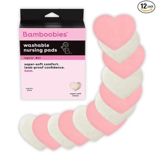 Bamboobies Women’s Nursing Pads, Reusable and Washable for Daily Use, Leak-Proof Pads for Breastfeeding, Pink, 12 Pads