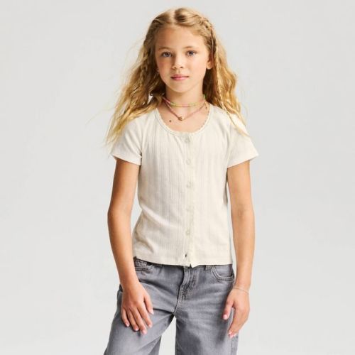Girls' Short Sleeve Pointelle Lace Trim Button-Down T-Shirt - Cat & Jack™ Cream XS