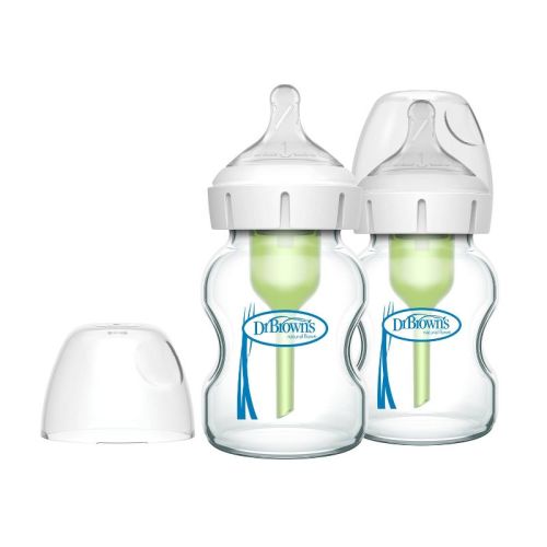 Dr. Brown's Anti-Colic Options+ Wide-Neck Glass Baby Bottle with Level 1 Slow Flow Nipple - Clear - 5oz/2pk