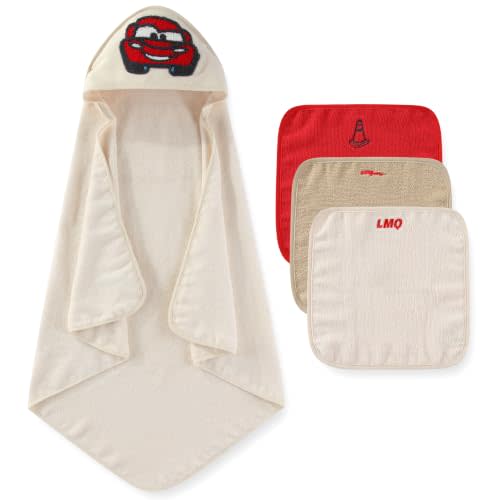 Disney Baby Boys Cars Hooded Bath Towel with 3 Washcloths Set for Infants