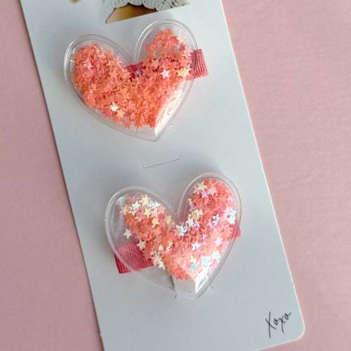 2PK NOVELTY CLIPS: bubble confetti hearts coral