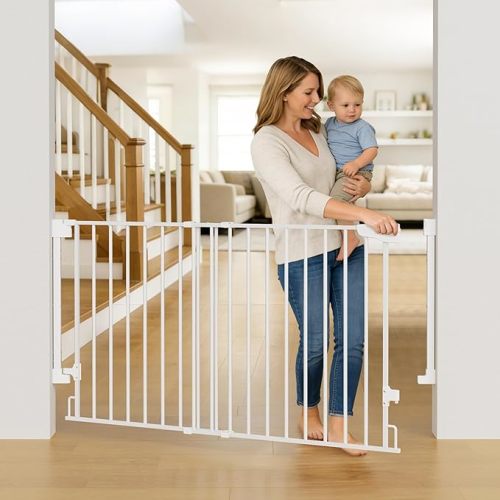 Cumbor 29.7-46" Baby Gate for Stairs, Toddler Safety Essentials for The House, Auto Close Dog Gate for Doorways, Mom's Choice Awards Winner-Easy Install Pressure Mounted Pet Gates for Dogs, White