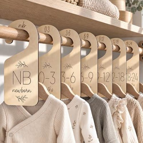Baby Closet Dividers for Clothes Organizer - Set of 7 Adorable Wooden Double-Sided Baby Clothes Size Hanger Organizer from Newborn to 24 Months for Nursery Beautiful Decor