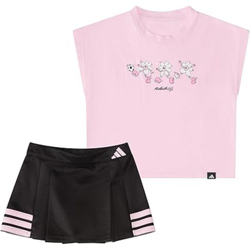adidas girls 2-Piece Short Sleeve Box Tee & Pleated Skort Set