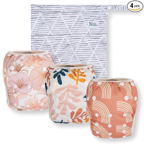 Nora's Nursery Reusable Swim Diapers and Wet Bag - One Size Fully Adjustable - Tropical 3 Pack with Wet Bag