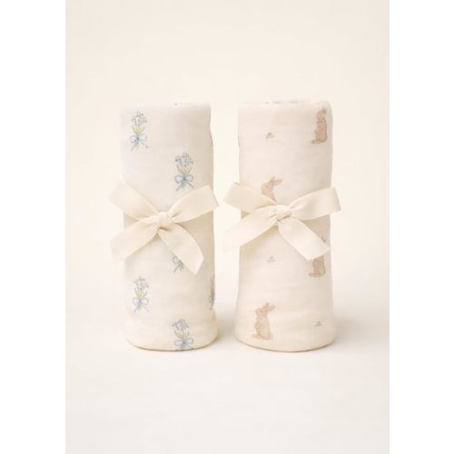 Oilo Premium Jersey Swaddle Blanket Set, Breathable Organic Cotton 4-Way Stretch Jersey, Soft Large Receiving Blanket (46" x 46"), 2-Pack, Heirloom Organic Collection, Bunny & Lily Bouquet