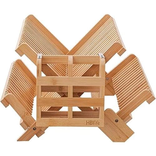 HBlife Bamboo Dish Drying Rack with Utensils Flatware Holder Set, 3-Tier Large Folding Drying Holder for Kitchen Counter, Collapsible Drainer