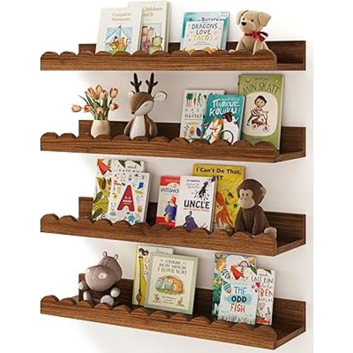 Shario Nursery Book Shelves, 4-Pack Walnut Brown,Floating Shelves for Wall Kids, Scalloped Shelves, Wall Book Shelves for Bedroom Kids, Toddler Room, Baby Room, Nursery Decor