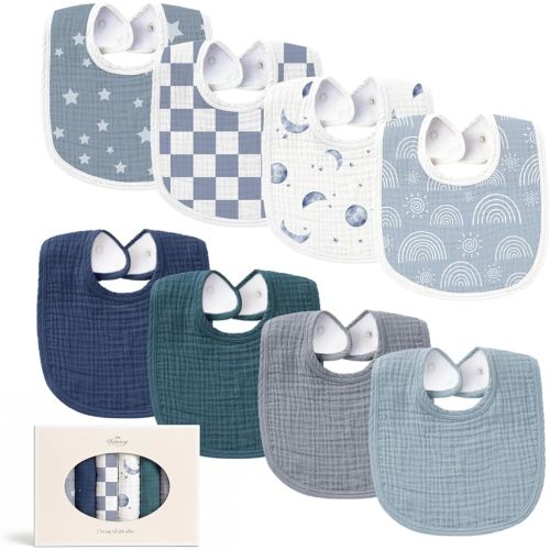 Konssy 8-Pack Muslin Baby Bibs, Adjustable Fit for Drooling and Teething