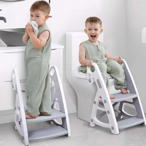 Primlect Potty Training Toilet Seat, 2 in 1 with Ladder, Adjustable Height ,for Ages 1-7, Gray