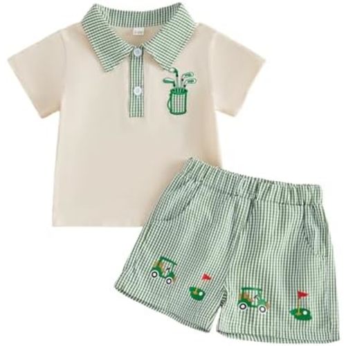 Eadrioss Toddler Baby Boy Golf Outfit Short Sleeve Embroidery Polo T Shirt Top With Plaid Shorts 2Pcs Summer Clothes