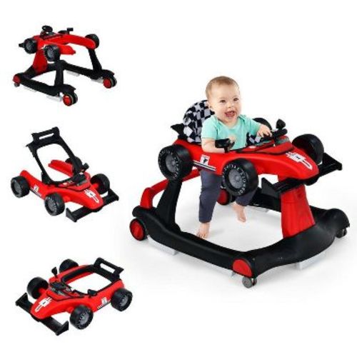 4-in-1 Foldable Baby Push Walker with Adjustable Height and Music Activity Tray Red