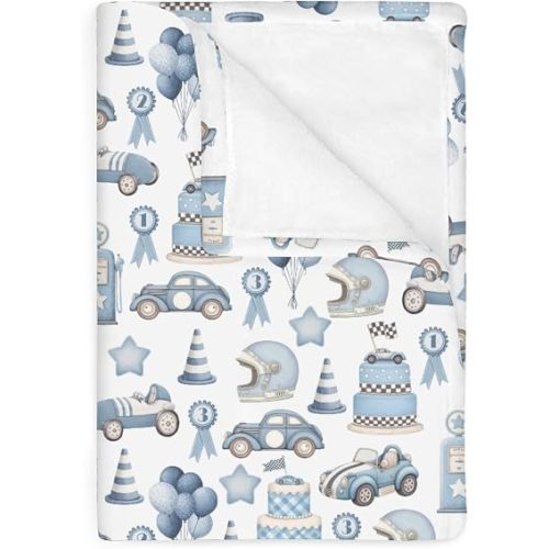 Watercolor Blue Racing Baby Blankets for Boy Blue Racecar Balloon Stars Cake Soft Flannel Swaddle Blankets for Infant Toddler Crib Vintage Racing Car Nursery Bed Blankets 40x50inch