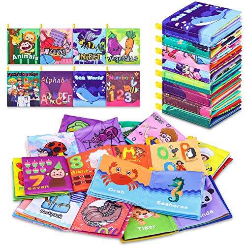 Baby Bath Books,Nontoxic Fabric Soft Baby Cloth Books, Early Education Toys,Waterproof Baby Books for Toddler, Infants Crinkly Cloth Book Bath Toys for 6 to 12 - 18 Months - Pack of 8