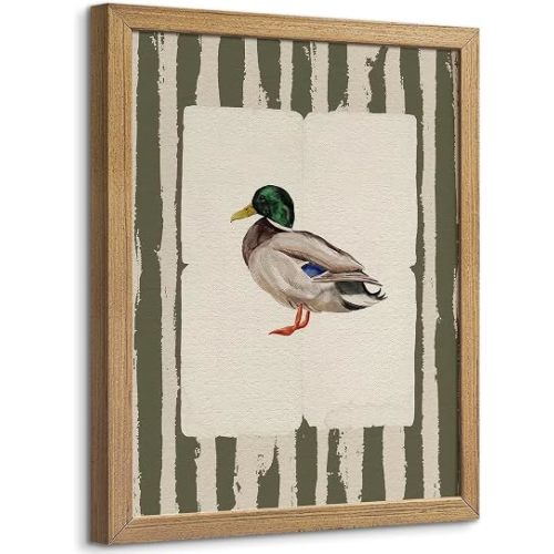 Wood Framed Mallard Duck Wall Art, Vintage Rustic Green Gingham Duck Print Canvas, Woodland Bird Illustration Poster for Farmhouse Decor, Cottagecore Nature Picture for Kitchen Bathroom, 8x10 Inch