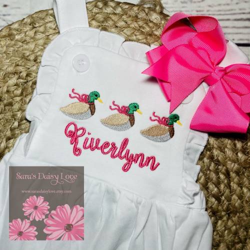Personalized Mallard Embroidered Sunsuit, Ruffle Romper, Vintage Style