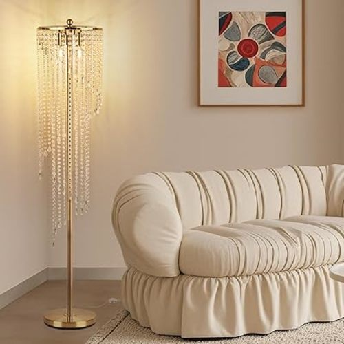 QiMH Gold Floor Lamps for Living Room, 63" Tall Lamp for Corner, Modern Floor Lamp with Double-Layer Crystal Lamp Shade, Standing Lamp for Bedroom, Office, Reading (2700K LED Bulbs Included)