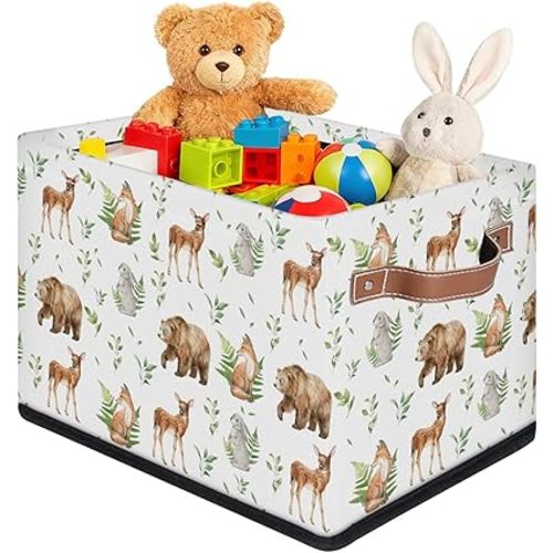 Rectangular Kids Bear Storage Basket Bins - Waterproof Foldable Woodland Animals Toy Box with Sturdy Metal Frame and Handles, Collapsible Organizer for Toys, Blankets in Kids Room Playroom Nursery