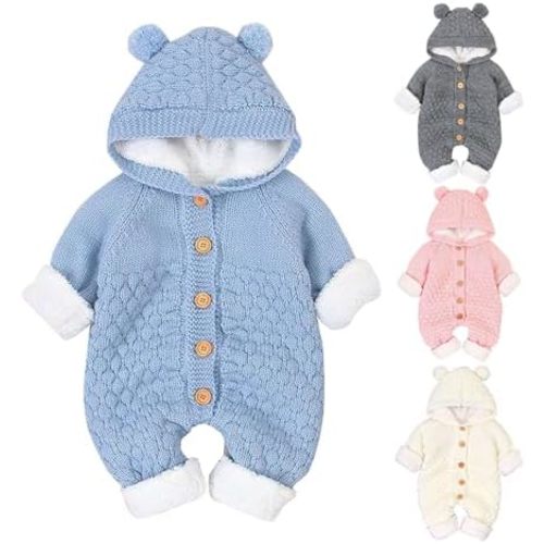 Newborn Baby Plush Jumpsuit Ribbed Knitted Hooded Romper Cute Button Down Solid Color Long Sleeve Fall Winter Clothes